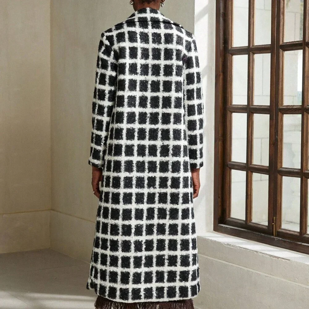 Black And White Casual Women's Loose Plaid Coat